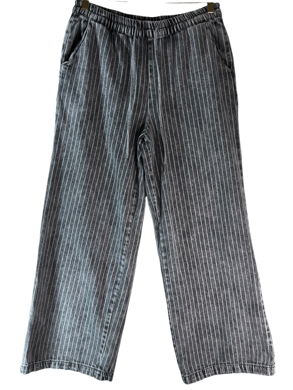 Kensie Jeans Black Pinstripe Wide Leg Drawstring Pants Size Medium